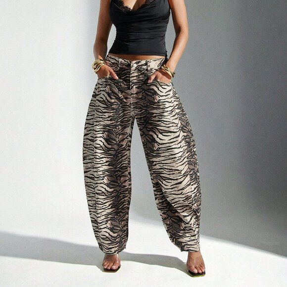 Khaki Casual Women's Distressed Animal Print barrel Jeans pants - Picture 1 of 4